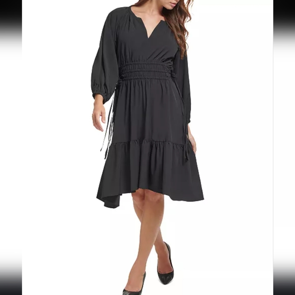 Calvin Klein Black Midi Dress Drawstring Waist Puff 3/4 Sleeve V-neck Tiered 6